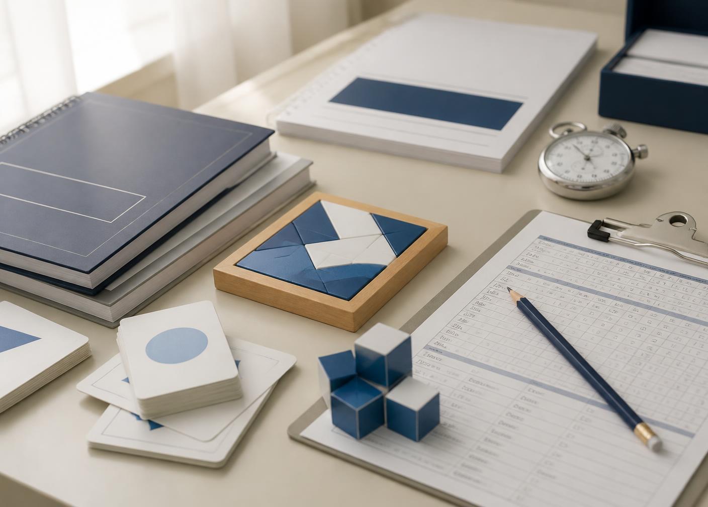 Assessment booklets, blocks, stopwatch, and scoring sheets used in a psychoeducational evaluation